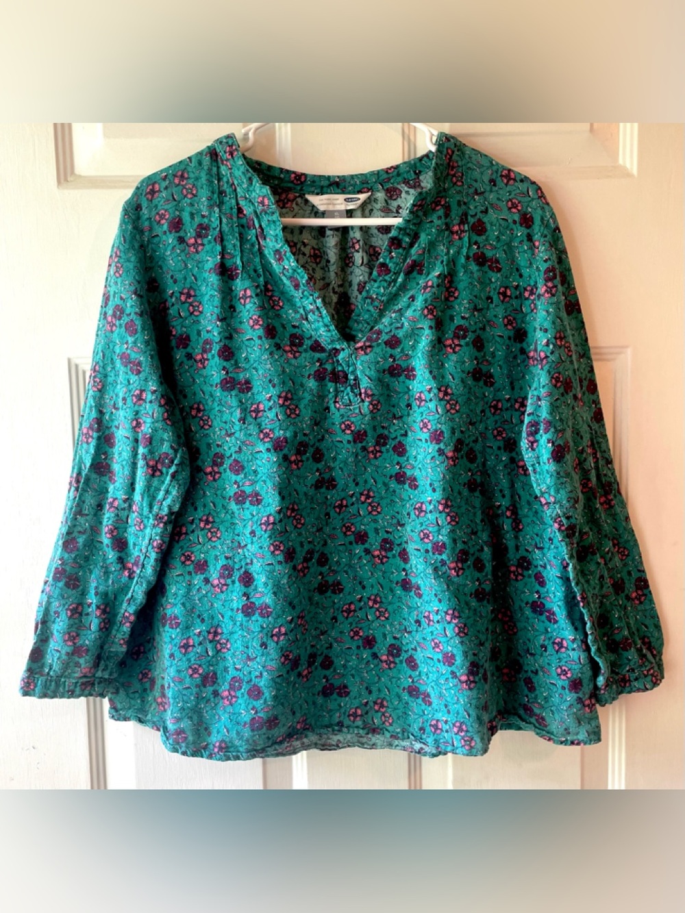 Old Navy Teal Green Purple Pink Floral 3/4 Sleeve Linen/Cotton Tunic Shirt XL